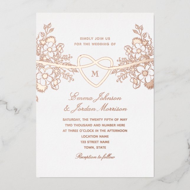 Rose Gold Floral Heart Mariage Foil Invitation (Recto)