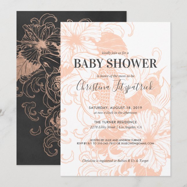 Rose Gold Floral Koi | Invitation Baby shower (Devant / Derrière)