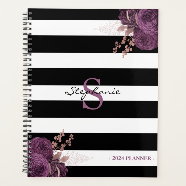 Rose Gold Floral Monogram Violet Noir Blanc 2024 (Devant)