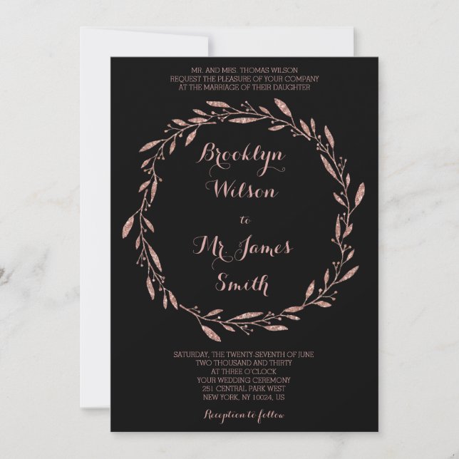 Rose Gold Foil Black Faire-part de mariage Wreath (Devant)