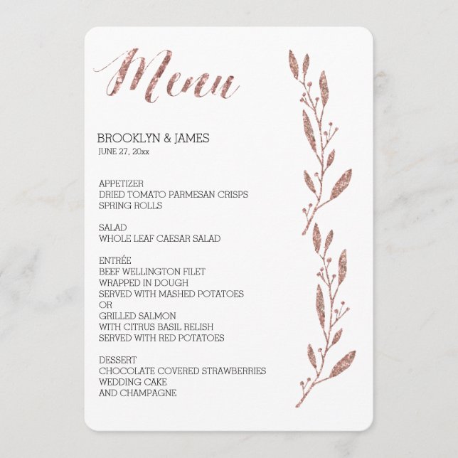 Rose Gold Foil Effet Mariage Menu Floral (Devant)