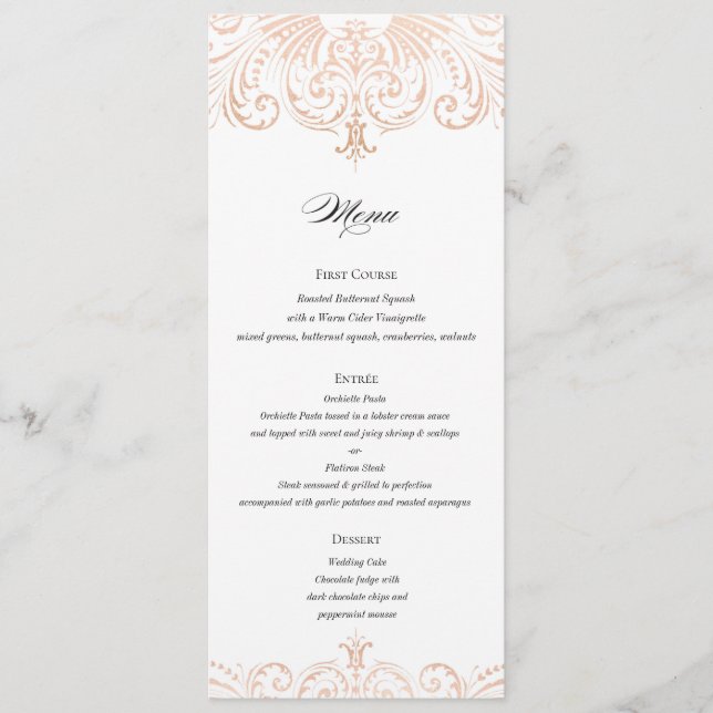 Rose Gold Foil (Faux) Mariage Menu Boho Chic (Devant)