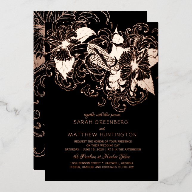 Rose Gold Foil Floral Koi Faire-part de mariage (Recto/Verso)
