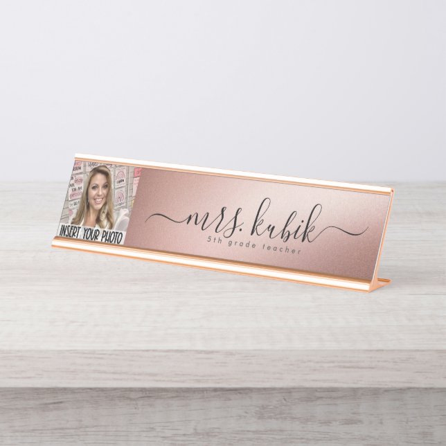 Rose Gold Foil Personnalisé Image Desk Nom Plaque (Devant)
