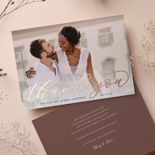 Rose Gold Foil Script Mariage photo Carte de remer (Créateur téléchargé)