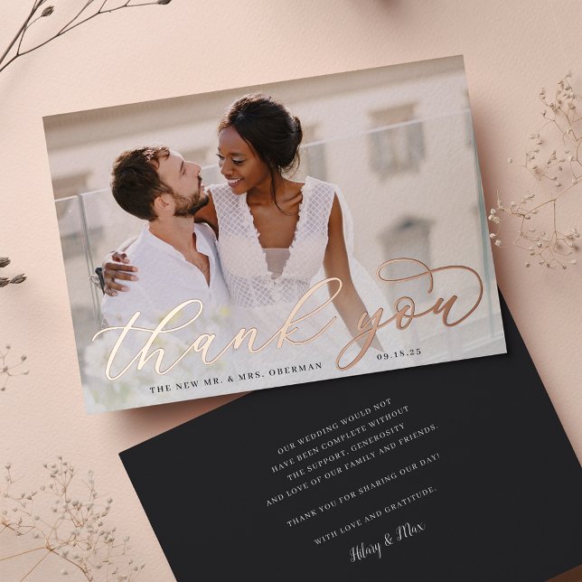 Rose Gold Foil Script Mariage photo Carte de remer (Créateur téléchargé)