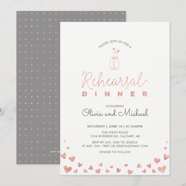 Rose Gold | Invitation de dîner de répétition Cœur (Devant / Derrière)