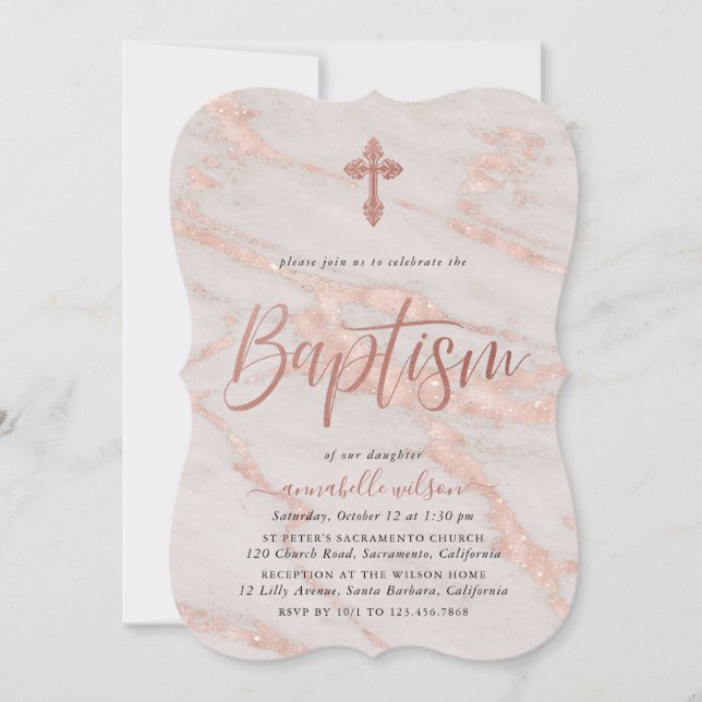 Rose Gold Marble Girl Baptême Invitation (Devant)
