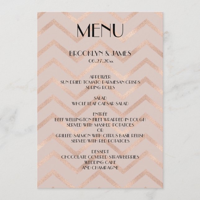 Rose Gold Mariage Menu Cartes Chevron (Devant)