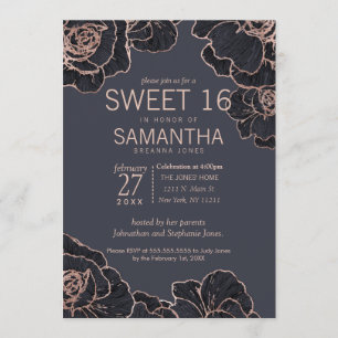 Rose Gold Marine Blue Flowers Sweet 16 Invitations