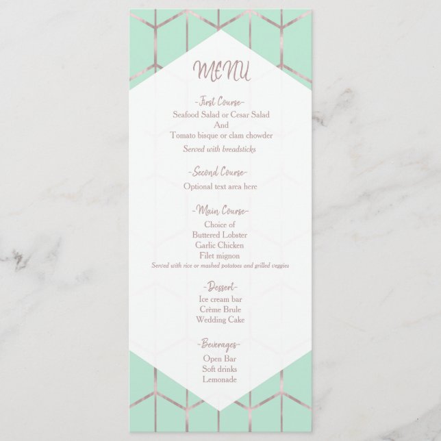 Rose Gold Mint Green Chic Mariage géométrique Menu (Devant)