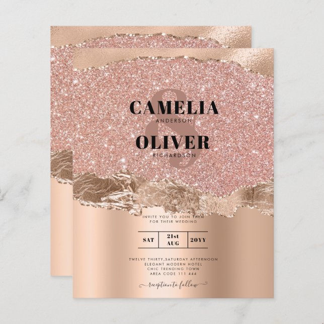 Rose Gold Moderne Glamor Mariage Invitation (Devant / Derrière)