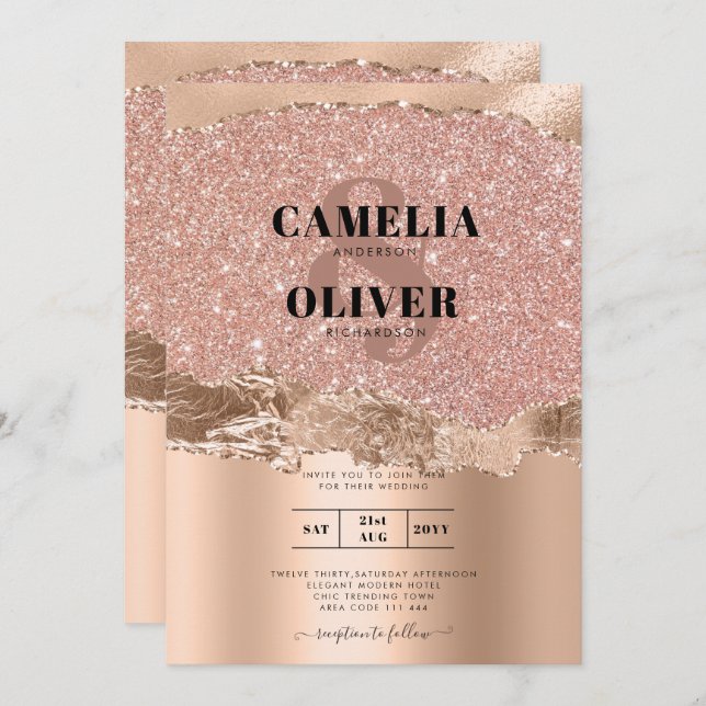 Rose Gold Moderne Glamor Mariage Invitation (Devant / Derrière)