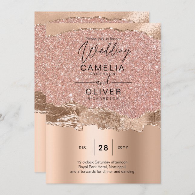 Rose Gold Moderne Glamor Mariage Invitation (Devant / Derrière)