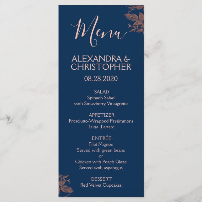 Rose Gold Navy Blue Floral Elegant Wedding Menu (Devant)