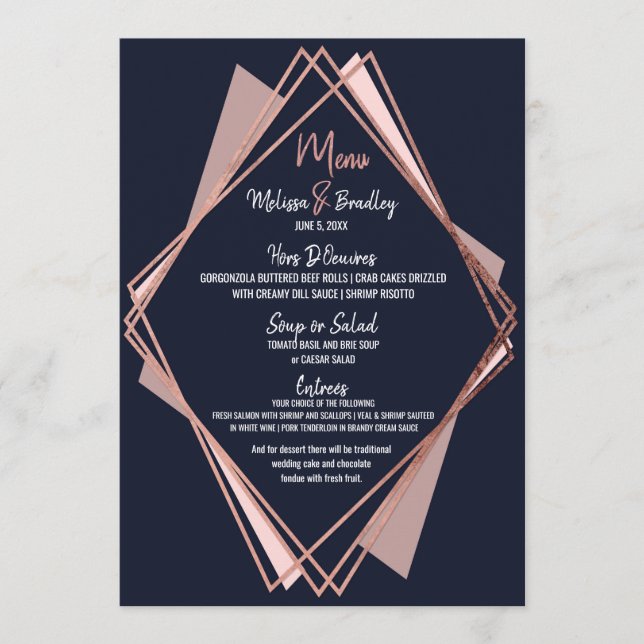 Rose Gold Navy Blue Mauve Geometry Mariage Menu (Devant)