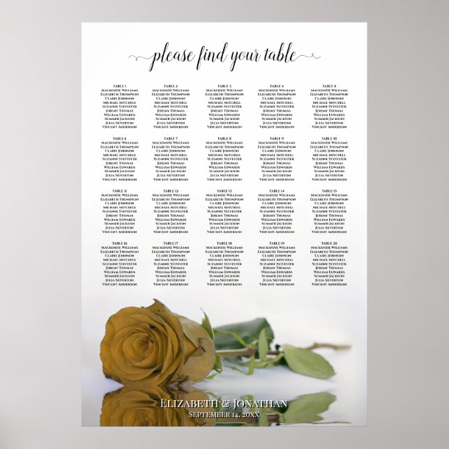 Rose Gold Ochre 20 Table Mariage Tableau de siège (Devant)