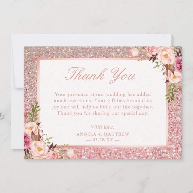 Rose Gold Pailleté Blush Fleurs Roses Merci (Devant)