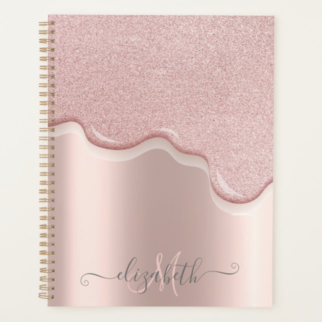 Rose Gold Pailleté Élégant Monogramme avec Gouttes (Devant)