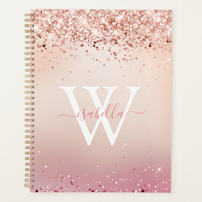Rose Gold Pailleté Élégant Nom de Script Monogramm (Devant)