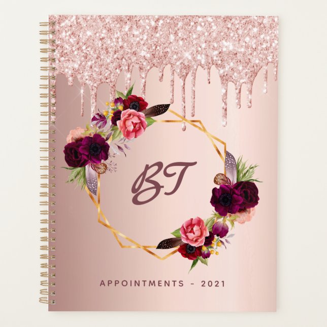 Rose gold pailleté florales bordeaux monogramme 20 (Devant)