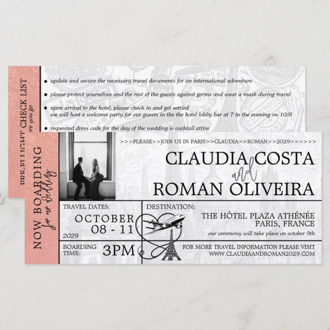 Rose Gold Paris Mariage Boarding Pass Invitation (Devant / Derrière)