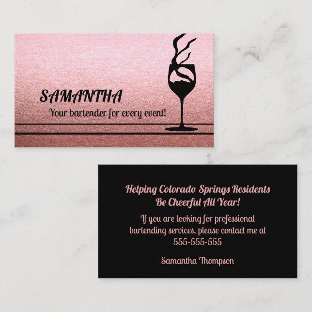 Rose Gold Parties scintillant Bartender Carte de v (Devant / Derrière)