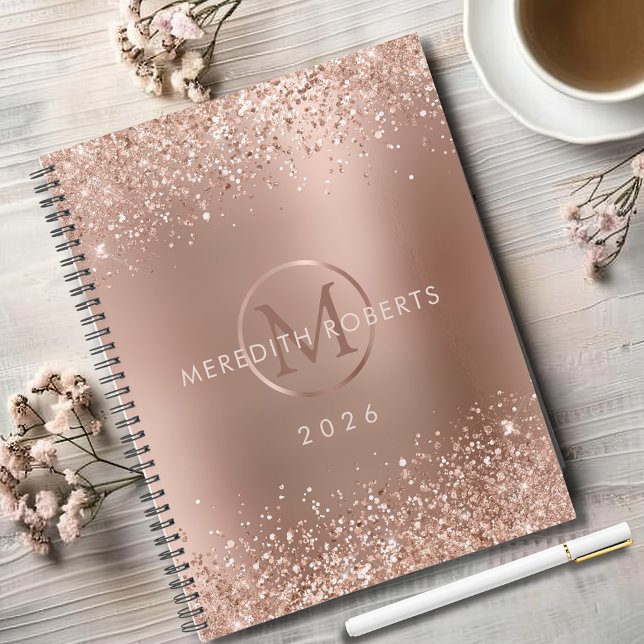 Rose Gold Parties scintillant Monogramme Nom 2026 (Rose Gold Foil Blush Glitter Monogram Name 2026 Planner)