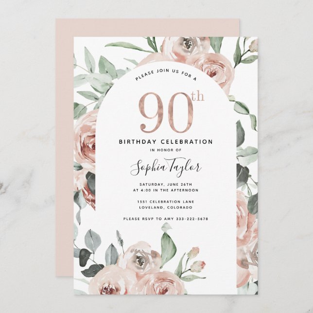 Rose Gold Pink 90e Invitation anniversaire (Devant / Derrière)