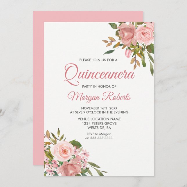Rose Gold & Pink Flowers Quinceanera Invitation du (Devant / Derrière)