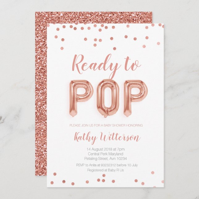 Rose Gold Ready to Pop baby shower invitation (Devant / Derrière)