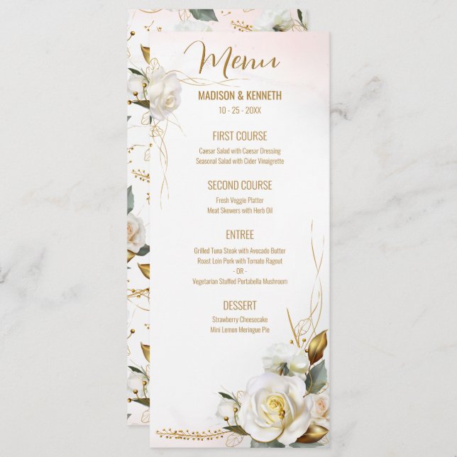 Rose Gold Romantic Floral Mariage Menu (Devant / Derrière)