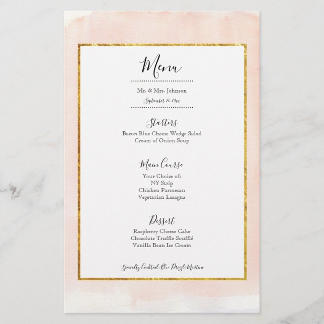 Rose Gold Rose Aquarelle Mariage Dîner Menu (Devant)