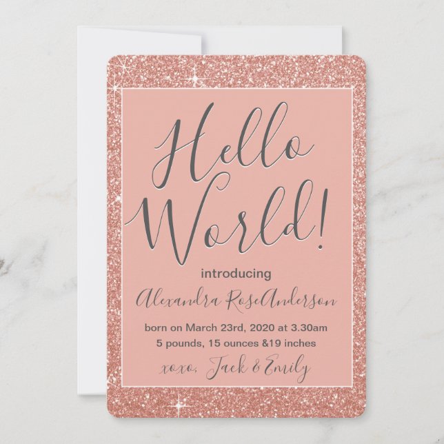 Rose Gold Rose Hello World Baby Girl Faire-part (Devant)