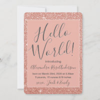 Rose Gold Rose Hello World Baby Girl Faire-part