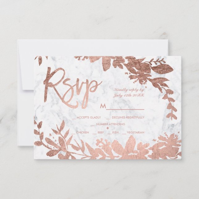 Rose Gold script floral blanc marbre rsvp mariage (Devant)