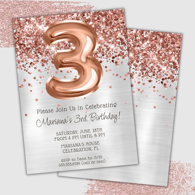 Rose Gold Silver 3e anniversaire fête Invitation (Créateur téléchargé)