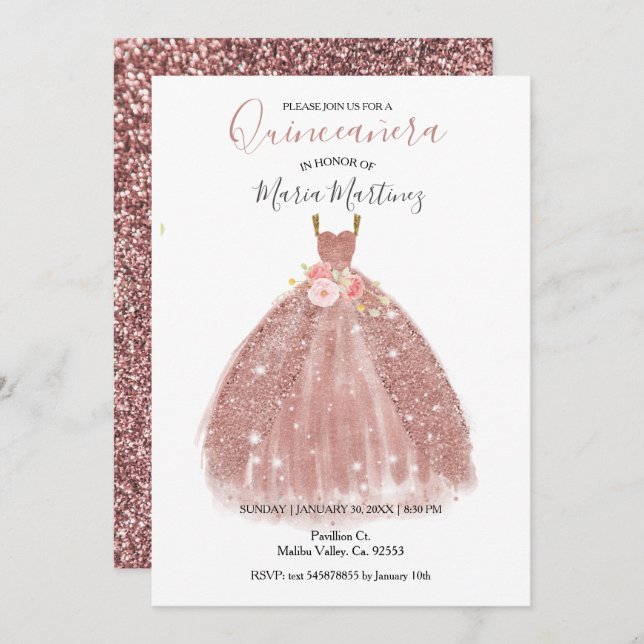 Rose Gold Sparkle Rose Fleurs Quincean Invitation (Devant / Derrière)