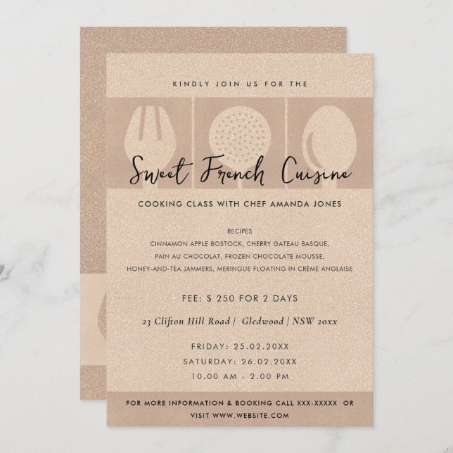 ROSE GOLD SPOON FORK COOKERY CLASS INVITATION MODÈ (Devant / Derrière)