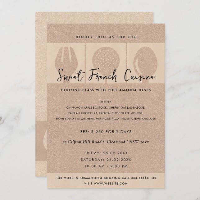 ROSE GOLD SPOON FORK COOKERY CLASS INVITATION MODÈ (Devant / Derrière)