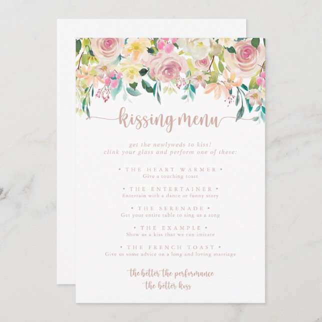 Rose Gold Spring Floral Kissing Menu Carte de jeu (Devant / Derrière)