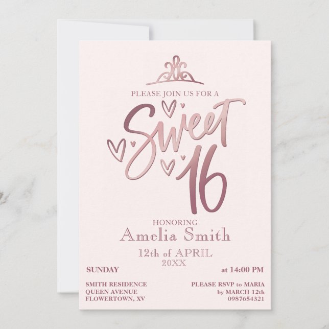 Rose Gold Sweet 16 Invitation Template (Devant)