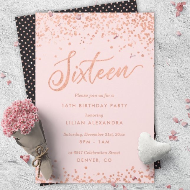 Rose Gold Sweet sixteen Party Invitation Faux Foil (Créateur téléchargé)