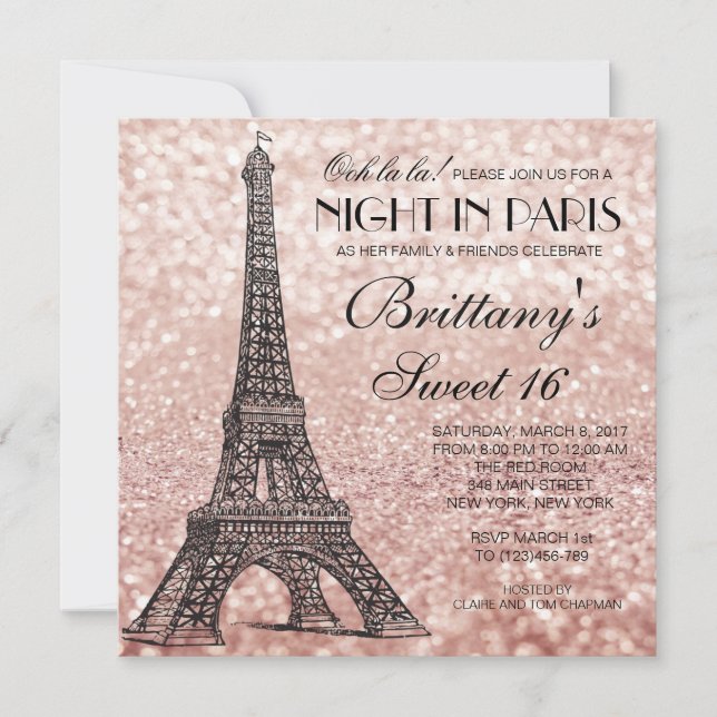 Rose Gold Tour Eiffel Paris Sweet 16 Invitation (Devant)