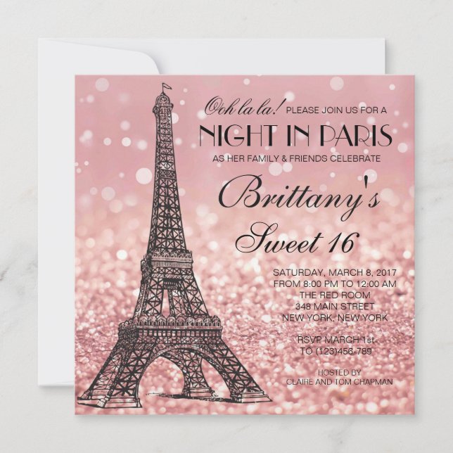 Rose Gold Tour Eiffel Paris Sweet 16 Invitation (Devant)