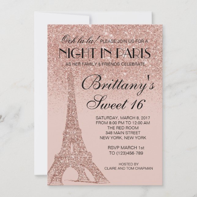 Rose Gold Tour Eiffel Paris Sweet 16 Invitation (Devant)