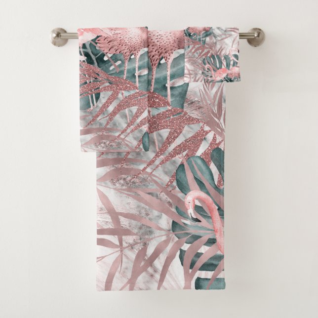 Rose Gold Tropical Flamants roses Feuilles et marb (En situation)