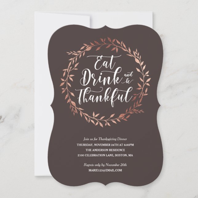 Rose Gold Wreath Thanksgiving Dîner Invitation (Devant)