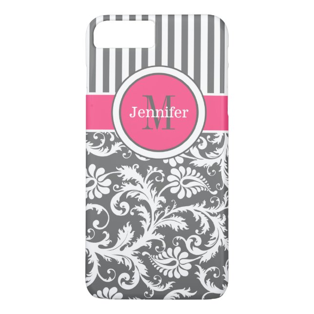 rose, gris, blanc rayé, Damas iPhone 7 Coque (Dos)