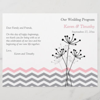 Rose, Gris Floral, Programme de mariage Chevron